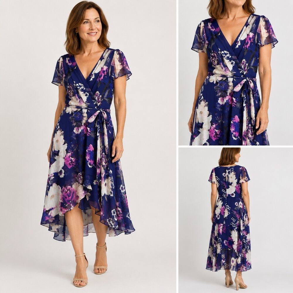 DKNY Women’s Size 12 Blue Floral Chiffon Wrap Dress NWT High Low Midi $134